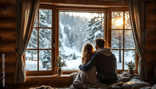 A couple snuggling in front of a large window in a cabin on vacation in the mountains where it's snowing on a hill with trees and sunset in s resort ski chalet apres ski