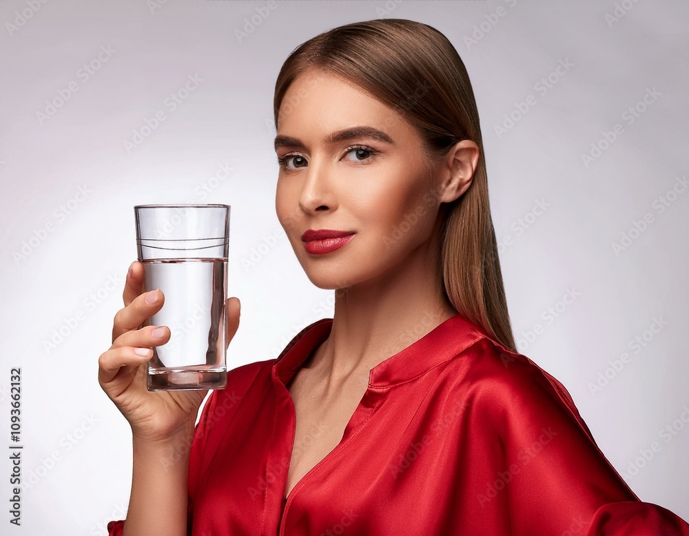A woman in a red shirt with silk is holding a glass in her right hand, holding the glass correctly, her fingers are 5 inches, her skin is white, her skin is closeup to the glass. White Background
