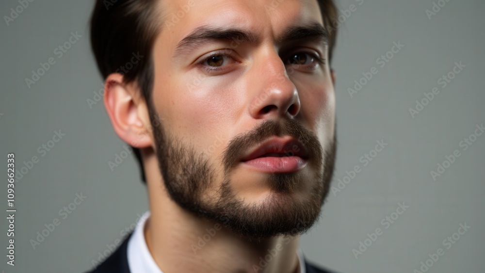 A close-up of a man showcasing the best small beard style, with defined edges and a modern fade.