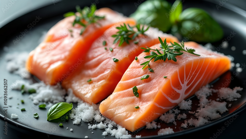 Frosty Salmon Fillets Garnished with Herbs Frosty Salmon Fillets Garnished with Herbs