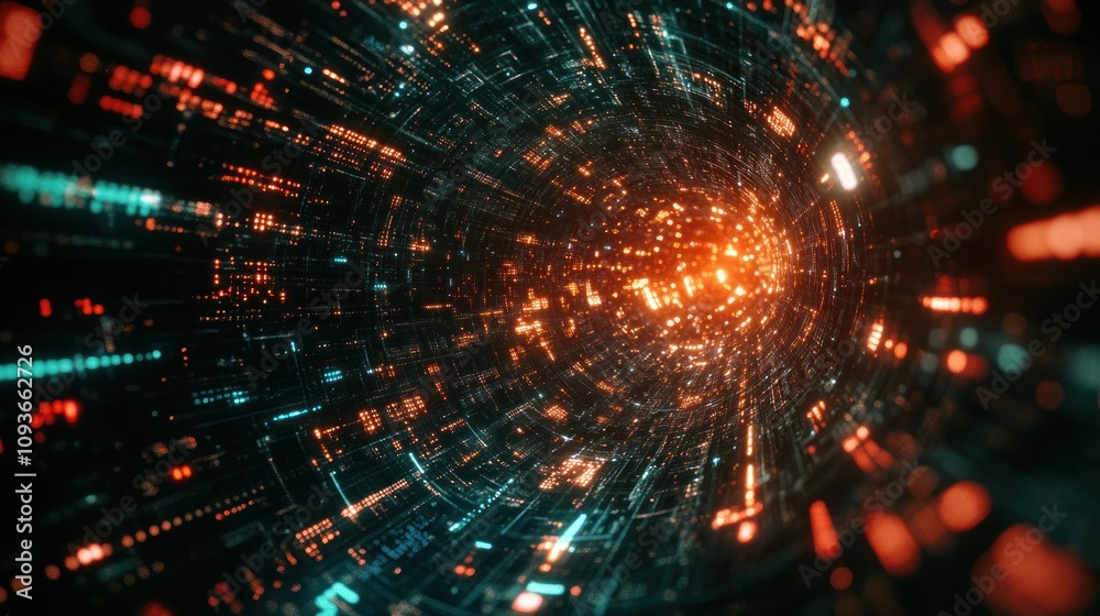 Abstract digital tunnel with glowing lines and particles. Abstract digital tunnel with glowing lines and particles.
