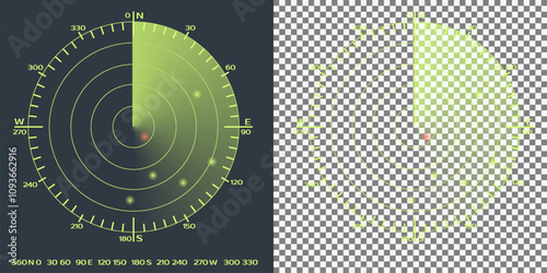 Isolated radar screen. Radar beam, fading trace and circles with transparent effects on plaid background. Circle breakdown by degrees and cardinal directions.