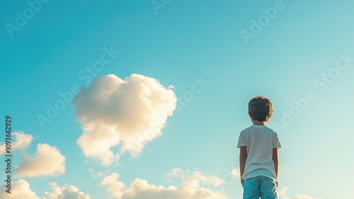 Young boy gazes at fluffy clouds in clear sky
