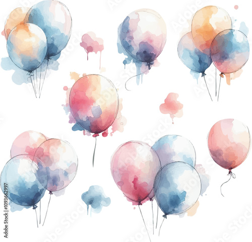 Set of air watercolor balloons, watercolor stains. Balloons for cards