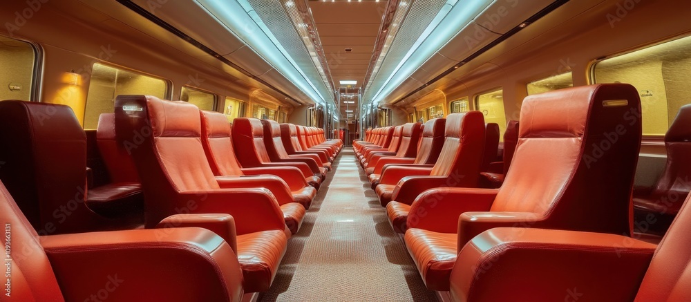 Fototapeta premium Rows of red seats on a train car.