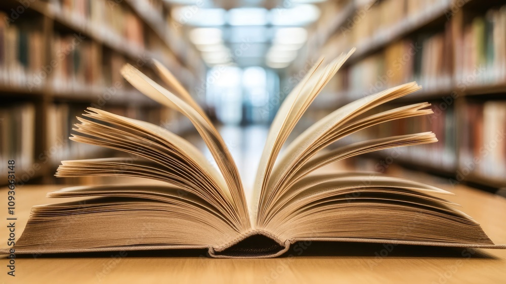 Open book on wooden table in library with blurred shelves background