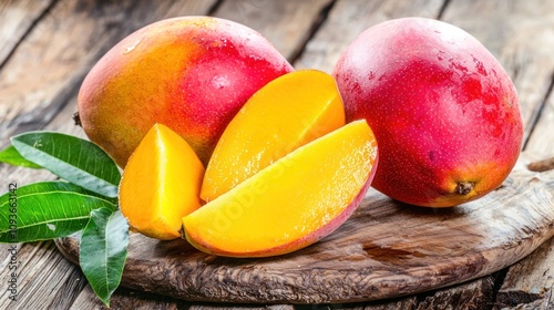 Fresh, ripe mangoes with leaves on a wooden board.