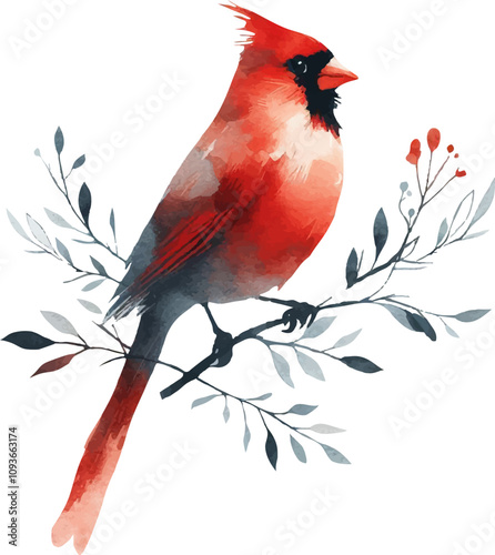 red cardinal birds in watercolor style	 photo