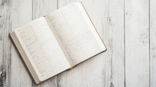 Open planner on white wooden table, pages filled with handwritten notes