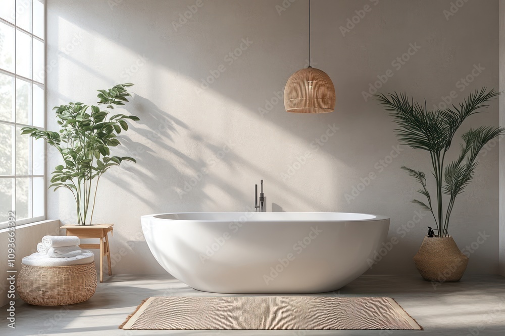 Minimalist bathroom with a freestanding bathtub, a wicker pendant light, and plants. Minimalist bathroom with a freestanding bathtub, a wicker pendant light, and plants.