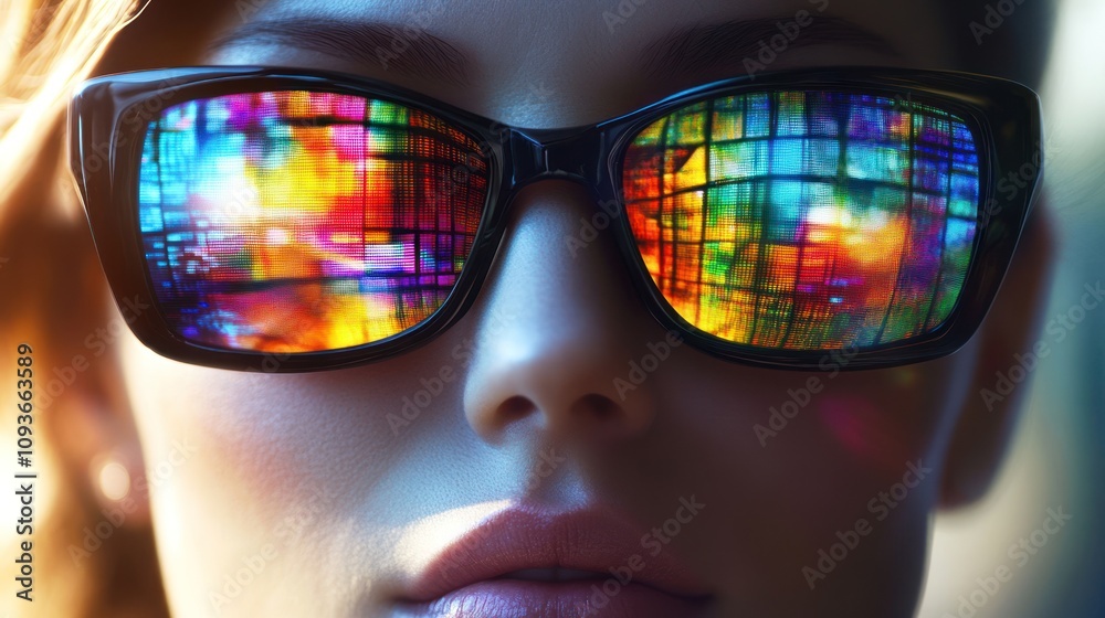 A woman wearing sunglasses with colorful reflections.