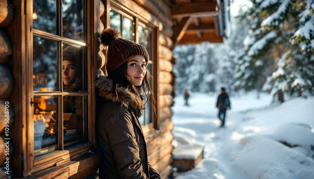 Young beautiful woman with brunette hair and a ski cap beanie standing at the door of a log cabin ski resort on her honeymoon vacation staring at the snow in winter with a scarf and coat