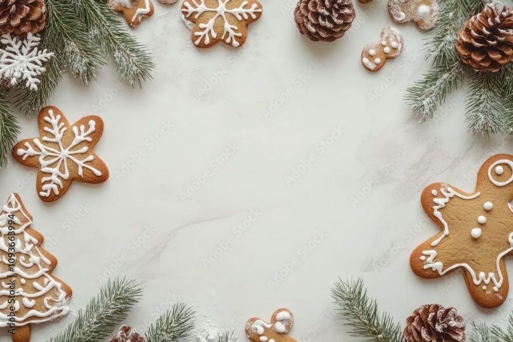 White background with festive Christmas cookies, pine cones and fir branches, making a frame. White background with festive Christmas cookies, pine cones and fir branches, making a frame.