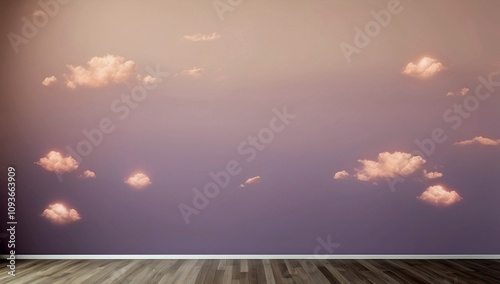 Minimalist Interior Wall Featuring A Dreamy Golden Hour Sky Design With Soft Pink Clouds And A Warm Atmospheric Gradient Effect