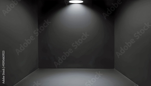 Minimalist Matte Black Interior With A Single Overhead Spotlight Casting A Subtle Glow Creating A Dramatic And Modern Atmosphere