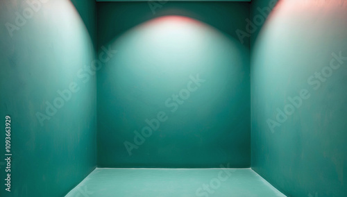 Minimalist Interior With Oceanic Teal Walls Subtle Texture And Soft Lighting Creating A Calm And Contemporary Visual Atmosphere