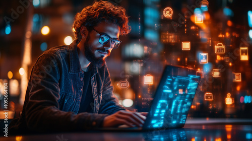 A professional using multi-factor authentication on a laptop, with glowing security icons overlaying the screen