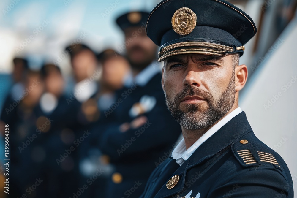 Portrait of a confident captain in uniform standing with his crew on a ship. Portrait of a confident captain in uniform standing with his crew on a ship.