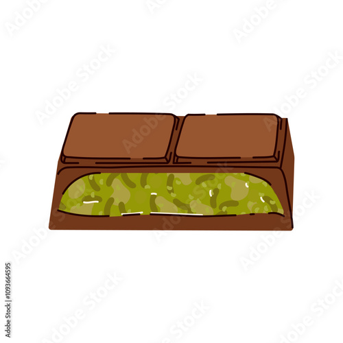 Sweet Dubai chocolate with pistachio and kataifi dough in milk chocolate. Bar of chocolate with pistachio paste filling. Vector illustration of trending pistachio chocolate bars green filling flavor