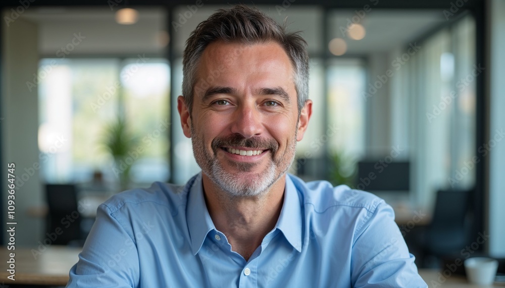 Close-up of a pleasant man in a shirt against the background of a bright office, a pleasant employee in the office Close-up of a pleasant man in a shirt against the background of a bright office, a pleasant employee in the office