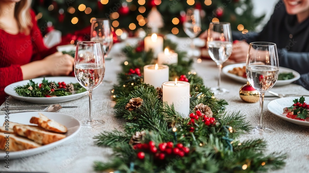 Christmas dinner family table setting concept. Festive Table Setting with Candles and Guests Christmas dinner family table setting concept. Festive Table Setting with Candles and Guests