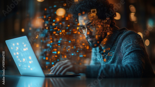 A cybersecurity professional working on a laptop with live data protection analytics glowing holographically