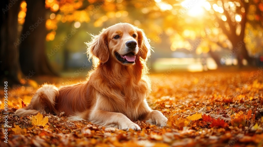 A golden retriever dog lays in a bed of colorful autumn leaves, looking directly at the camera. A golden retriever dog lays in a bed of colorful autumn leaves, looking directly at the camera.