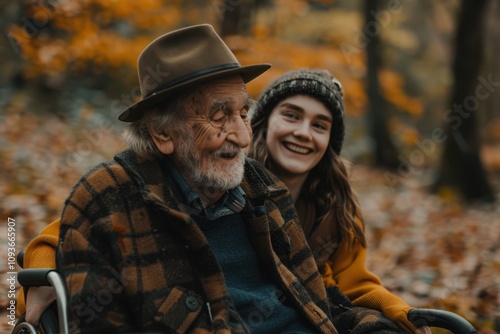 Elderly man in wheelchair and woman in park happiness