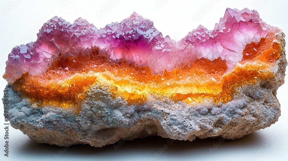 Fototapeta premium Vibrant multicolored crystal geode with purple and orange layers on textured rock