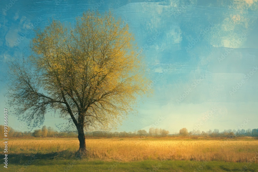Obraz premium A single tree stands tall in a field of golden grass, with a blue sky and wispy clouds above.