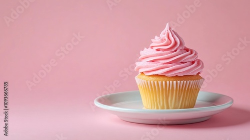 Cupcake with pink frosting on white plate
