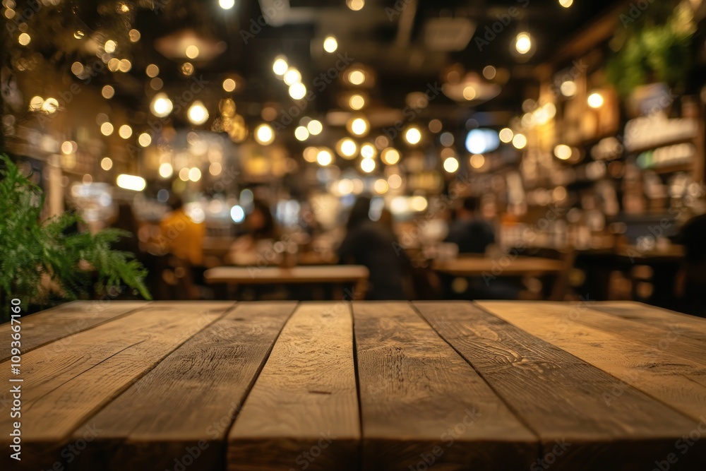 Empty wooden table with blurred cafe background at night with warm lights.