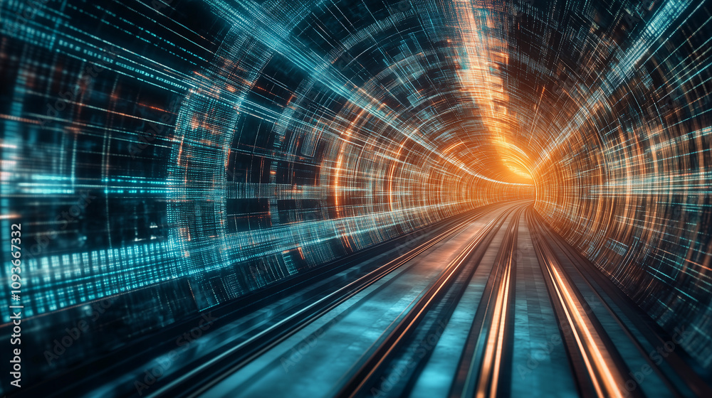 A futuristic digital tunnel distorted with glitch patterns, pixel noise A futuristic digital tunnel distorted with glitch patterns, pixel noise