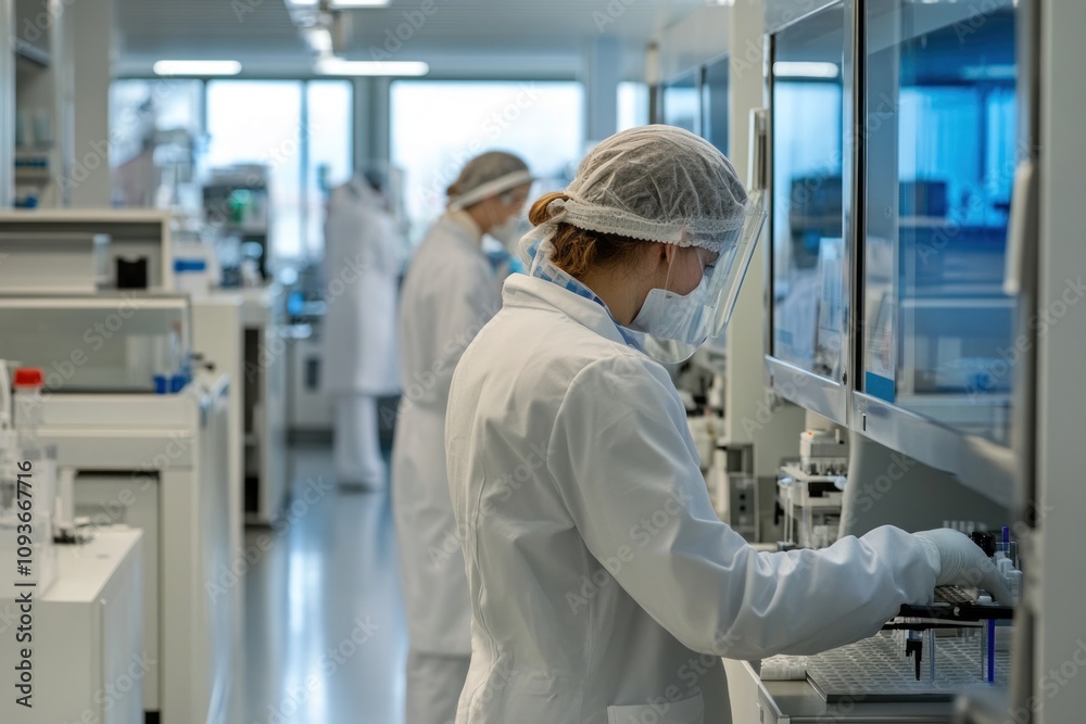 Fototapeta premium Two scientists in lab coats and face masks work in a laboratory.