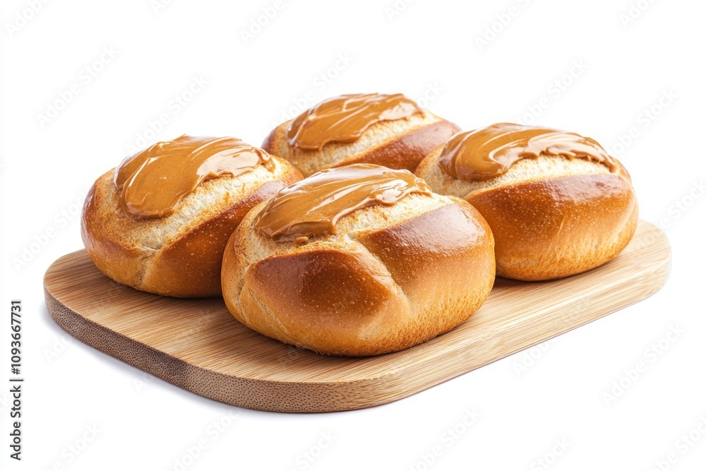 Four soft, round rolls with a generous spread of peanut butter on top, arranged on a wooden cutting board, isolated on a white background. Four soft, round rolls with a generous spread of peanut butter on top, arranged on a wooden cutting board, isolated on a white background.