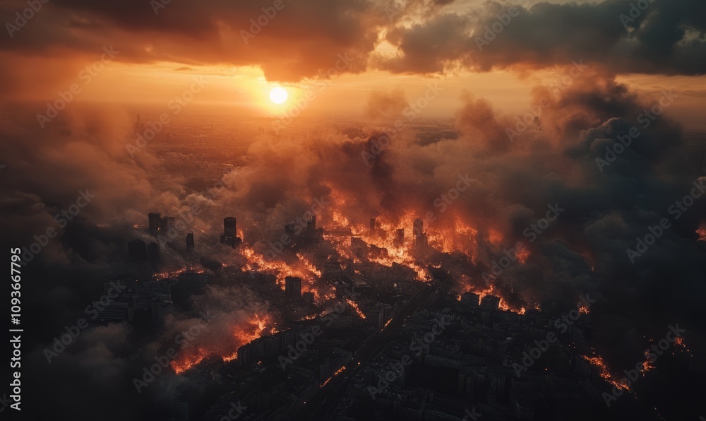 A dramatic aerial view of a city engulfed in fire, with smoke and flames filling the sky. A dramatic aerial view of a city engulfed in fire, with smoke and flames filling the sky.