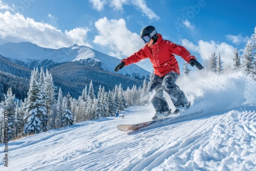 Snowboarder excels in snowy mountain jump winter adventure scene photo