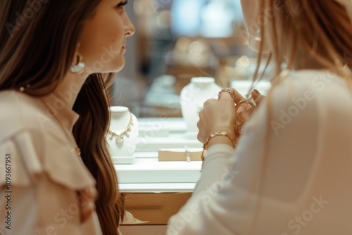 Elegant women discussing jewelry in luxury store chestup photo photo