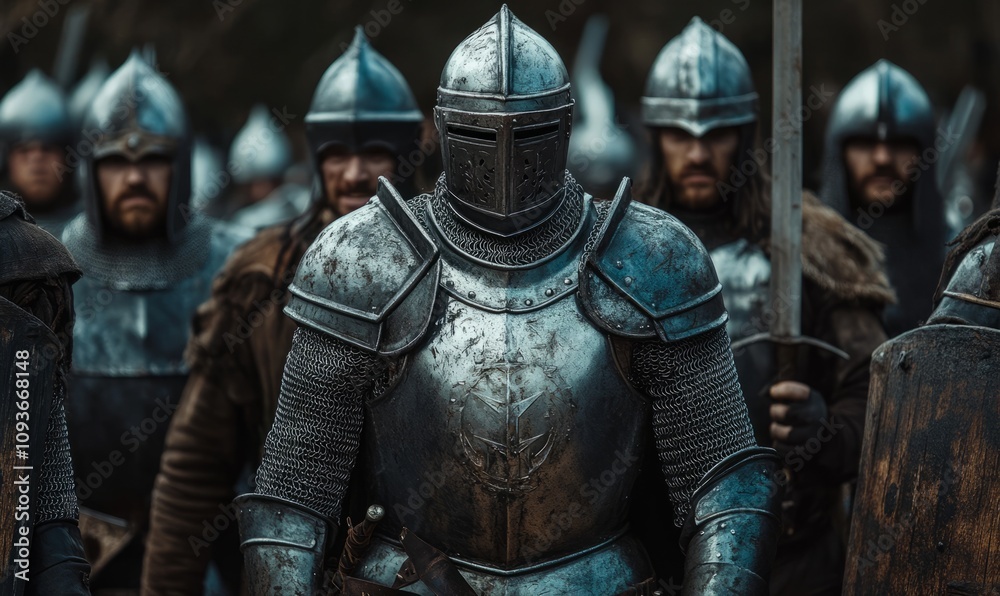 A fierce knight in shining armor, ready for battle, stands among his comrades with determination A fierce knight in shining armor, ready for battle, stands among his comrades with determination
