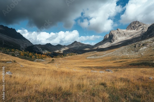 A scenic view of a mountain valley with a grassy field and dramatic clouds in the sky.