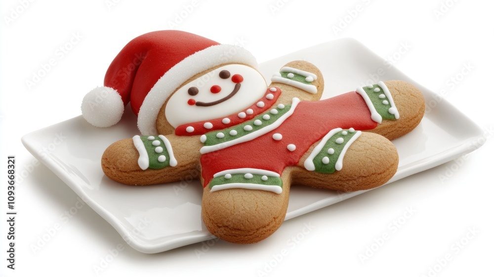 A gingerbread man cookie with a red hat and green and white frosting, laying on a white plate. A gingerbread man cookie with a red hat and green and white frosting, laying on a white plate.