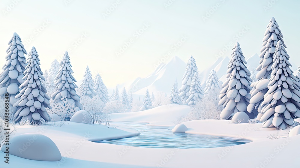Fototapeta premium Serene winter landscape with snow-covered trees, mountains, and a frozen pond.