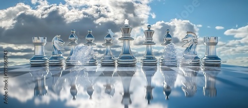 Silver chess pieces on a reflective board under a cloudy sky.