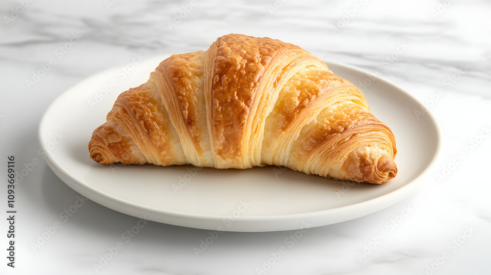 A classic French croissant with golden flaky layers served on a white plate. A classic French croissant with golden flaky layers served on a white plate.