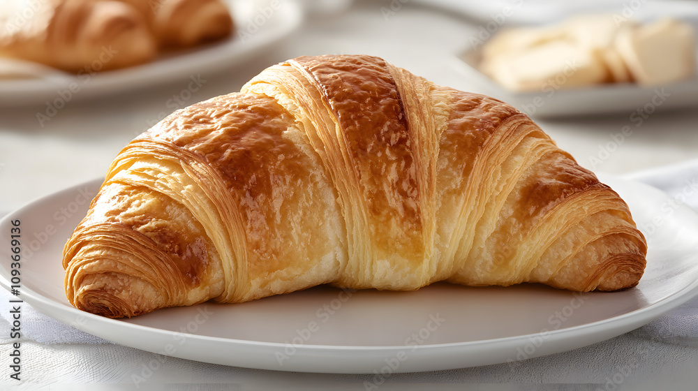 A classic French croissant with golden flaky layers served on a white plate. A classic French croissant with golden flaky layers served on a white plate.