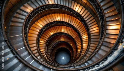 Unique staircase stairway with many steps in an unusual room that spirals with landings