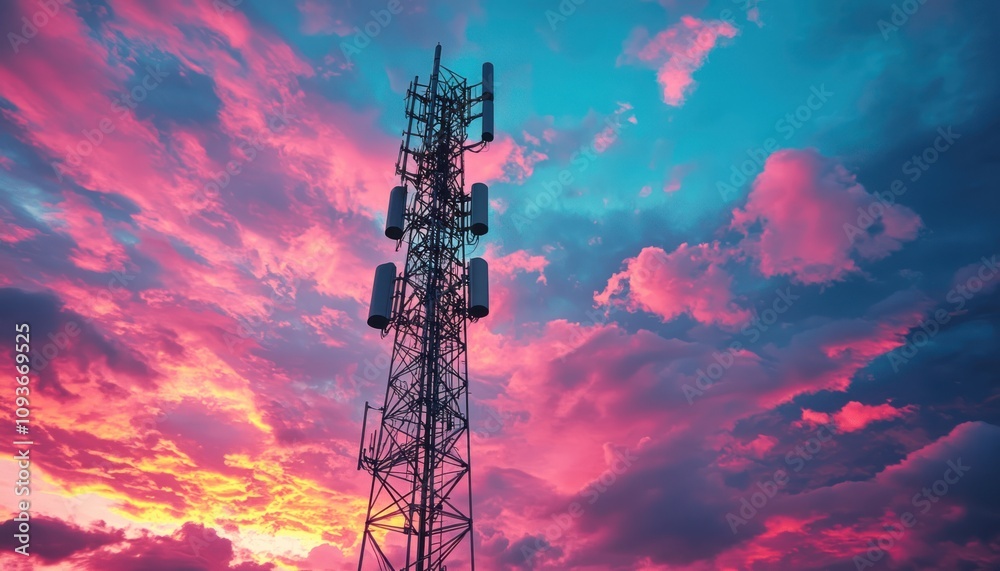 A Cell Tower Silhouetted Against a Vibrant Pink and Blue Sunset Sky