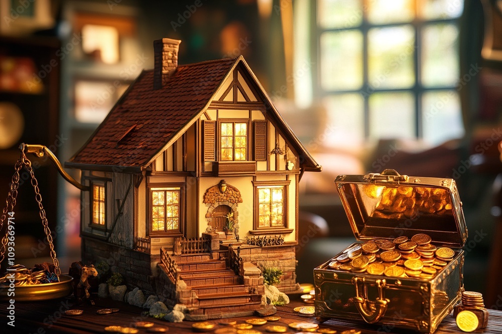 A small house model on one side of the scale, and a small