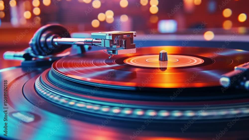 A close-up of a turntable with a vinyl record spinning, illuminated with colorful lights.
