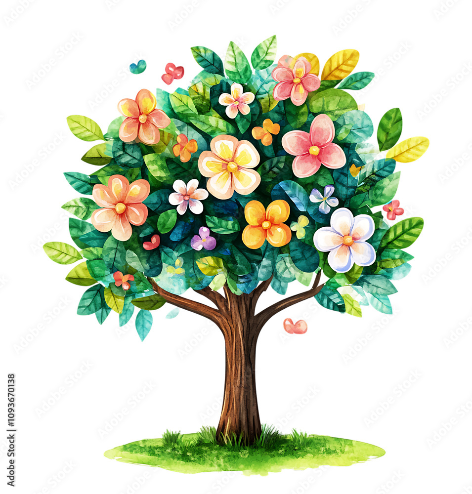 Fototapeta premium Colorful cartoon tree with blooming flowers.